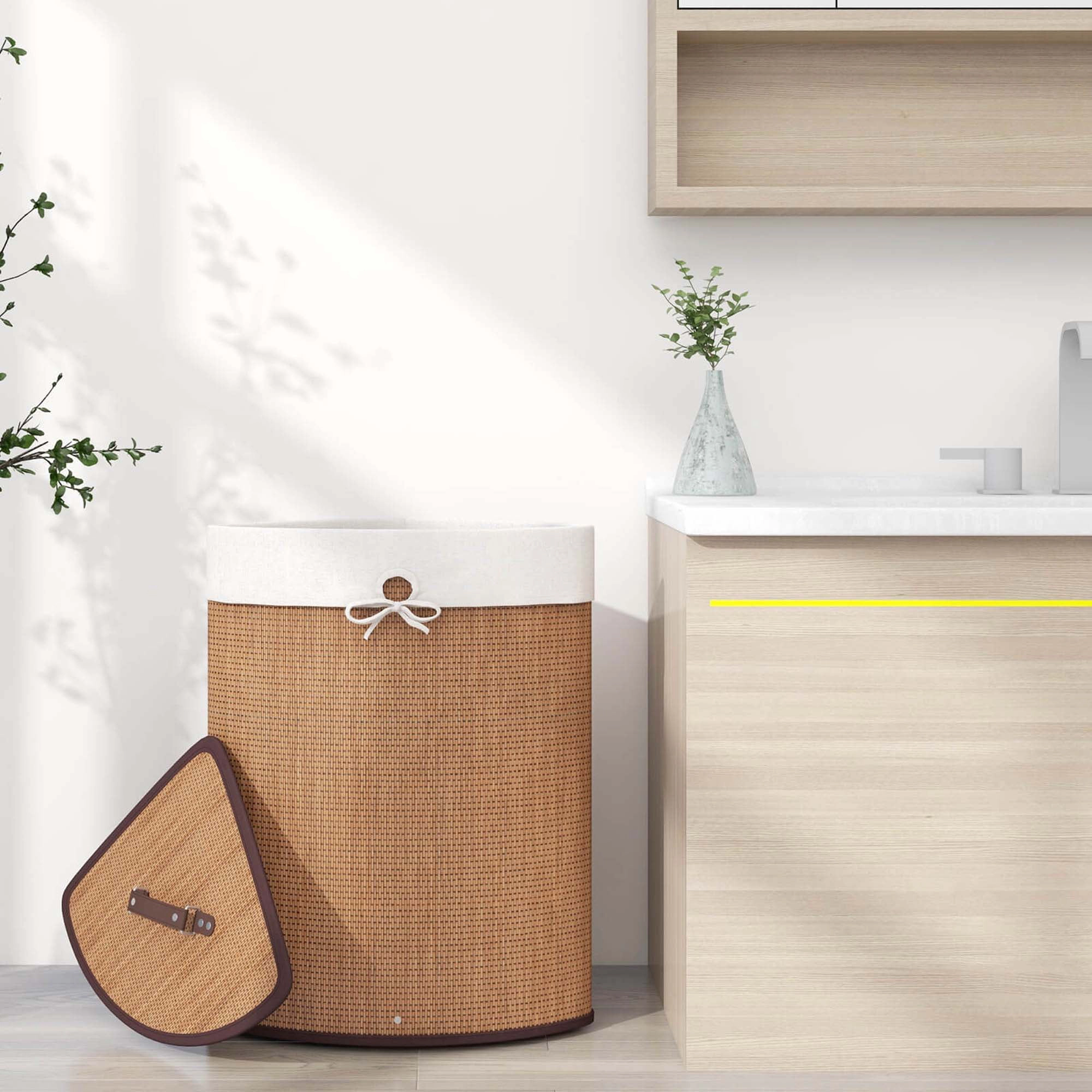 Glintex Bamboo Laundry Basket with Lid Metal Frame and Removable Liner Bag, Natural