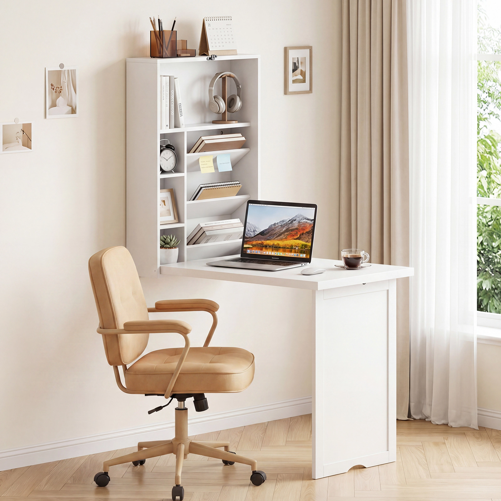 Costway Wall Mounted Computer Convertible Desk Floating w/ Storage Bookcases White