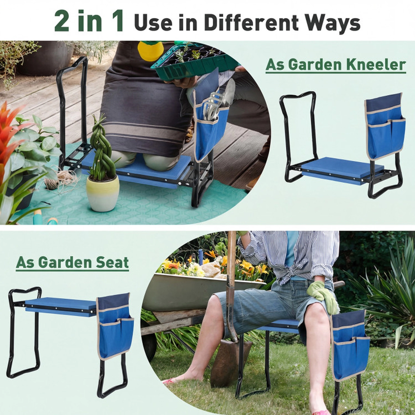 SUGIFT Folding Steel Frame Handle EVA Seat Pad Garden Kneeler Stool 23-in x 11-in x 19.5-in 300-lb Capacity Blue