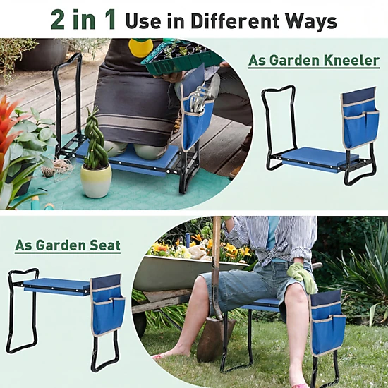 SUGIFT Folding Steel Frame Handle EVA Seat Pad Garden Kneeler Stool 23-in x 11-in x 19.5-in 300-lb Capacity Blue