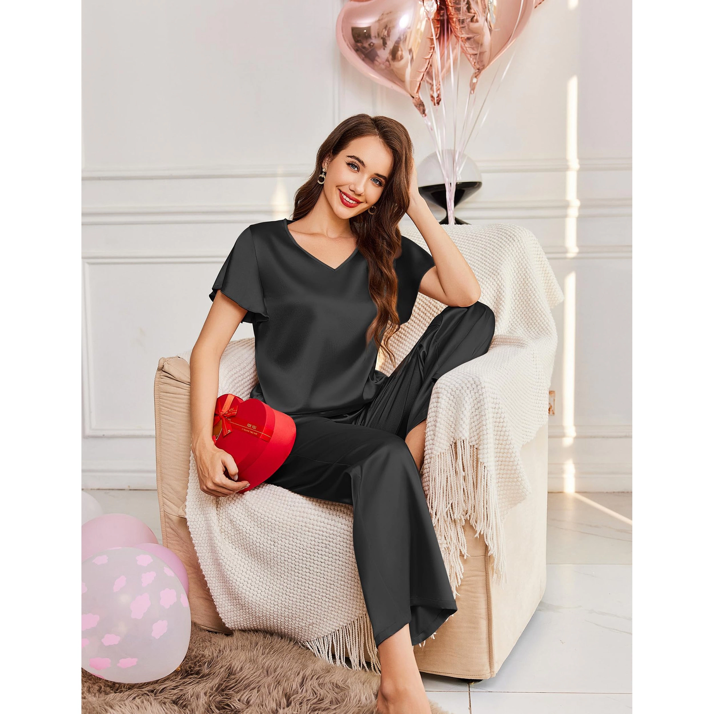 Ekouaer Women's Satin Silky Pajama Set 2 Piece Short Sleeve Shirt with Long Pants Pjs Sets Soft PJ