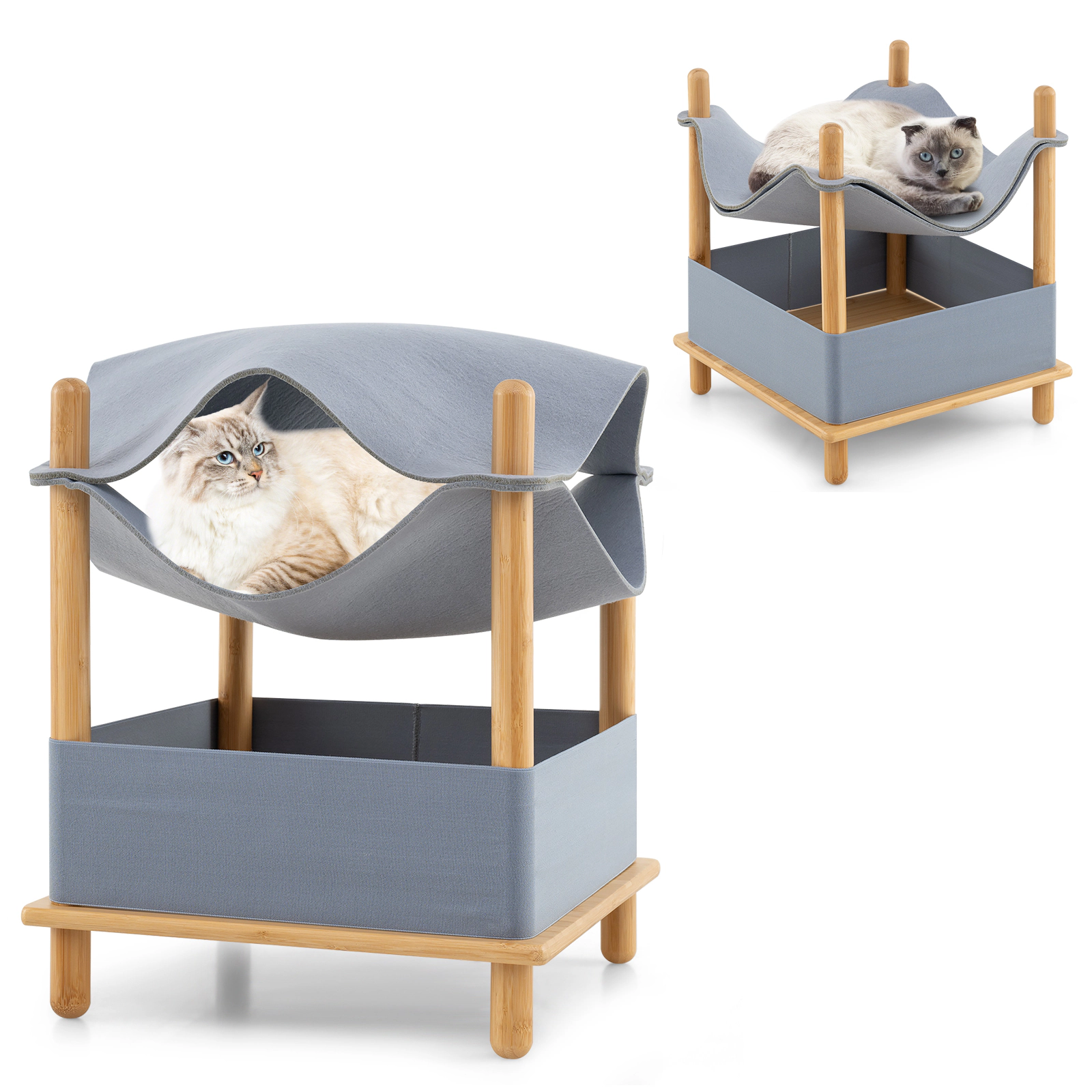 Glintex 2-Tier Bamboo Cat House with Convertible Hammock Top and Storage Shelf, Gray