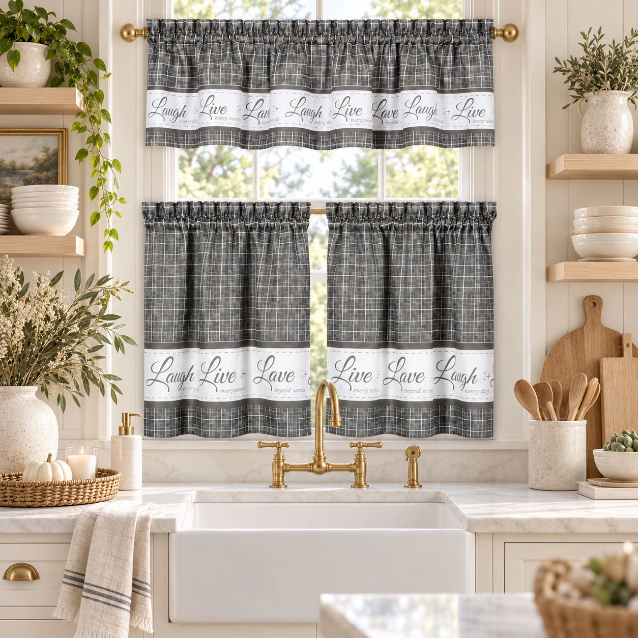 Kate Aurora Country Farmhouse Gingham Plaid Check Live~Laugh~Love 3 Pc Kitchen Curtain Set