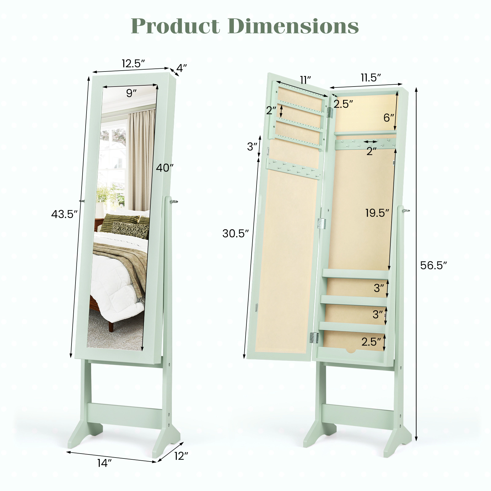 SUGIFT Freestanding Mirrored Standing Jewelry Cabinet Storage Box with Solid MDF Frame 56-in Tall Large Capacity Green