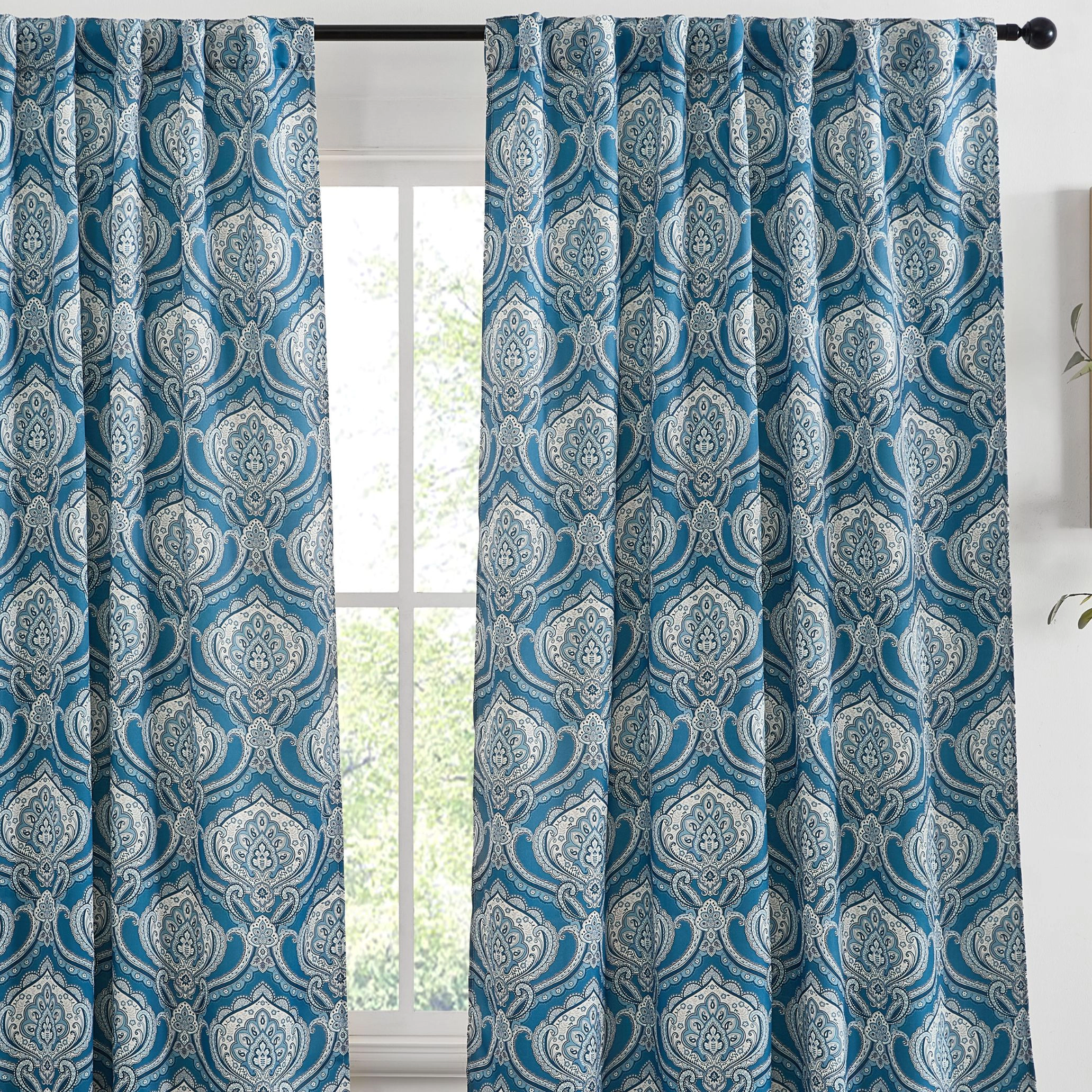 HLC.ME Messina Paisley Damask Patterned Back Tab Rod Pocket Curtains - Light Blocking Darkening Window Panels, Set of 2
