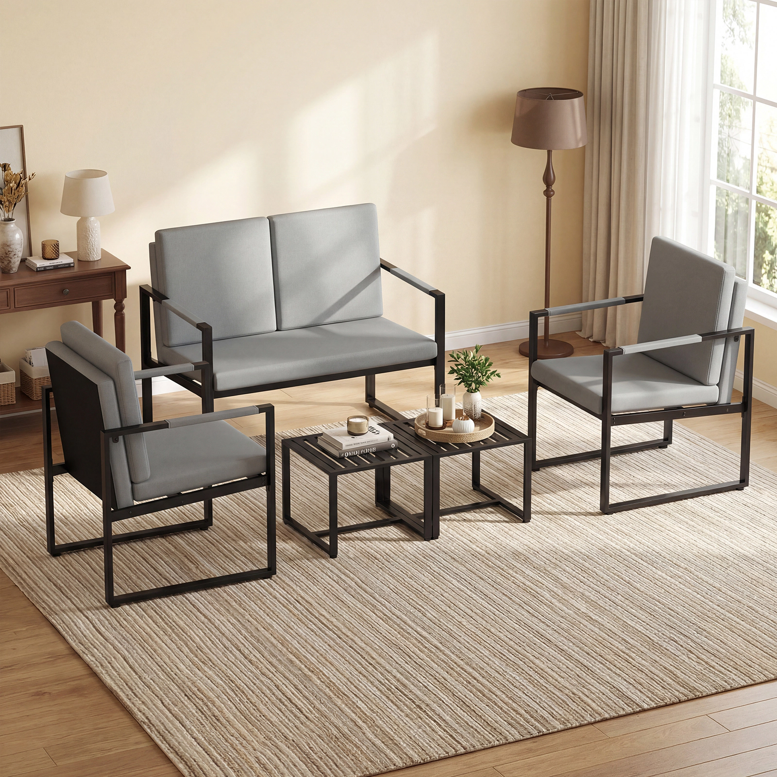 SUGIFT Set of 2 Mid Century Modern Accent Armchairs with PU Leather Cushions 265-lb Capacity Brown Black Gray