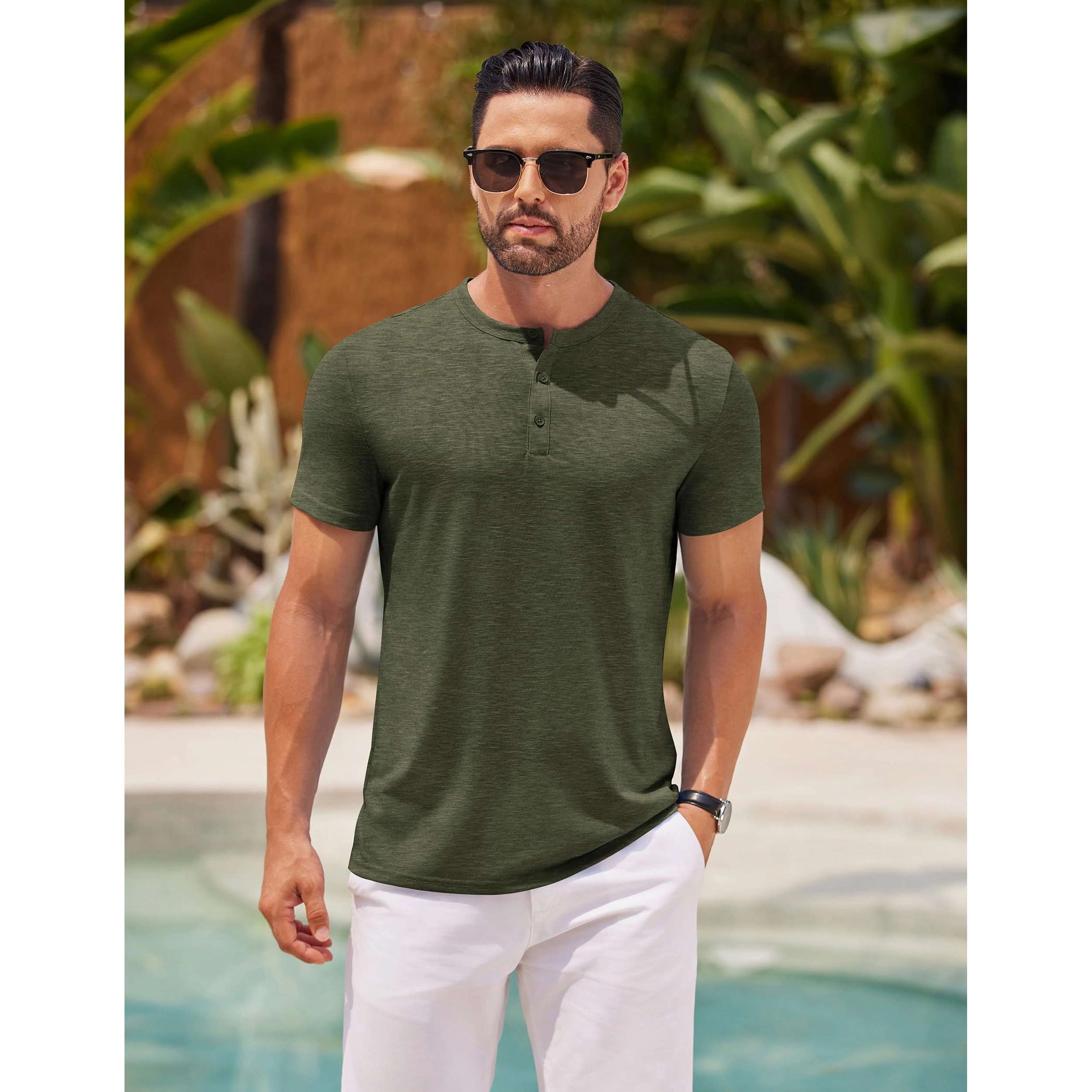 COOFANDY Mens Casual Short Sleeve Henley Shirt Button Placket Crew Neck Solid Tee