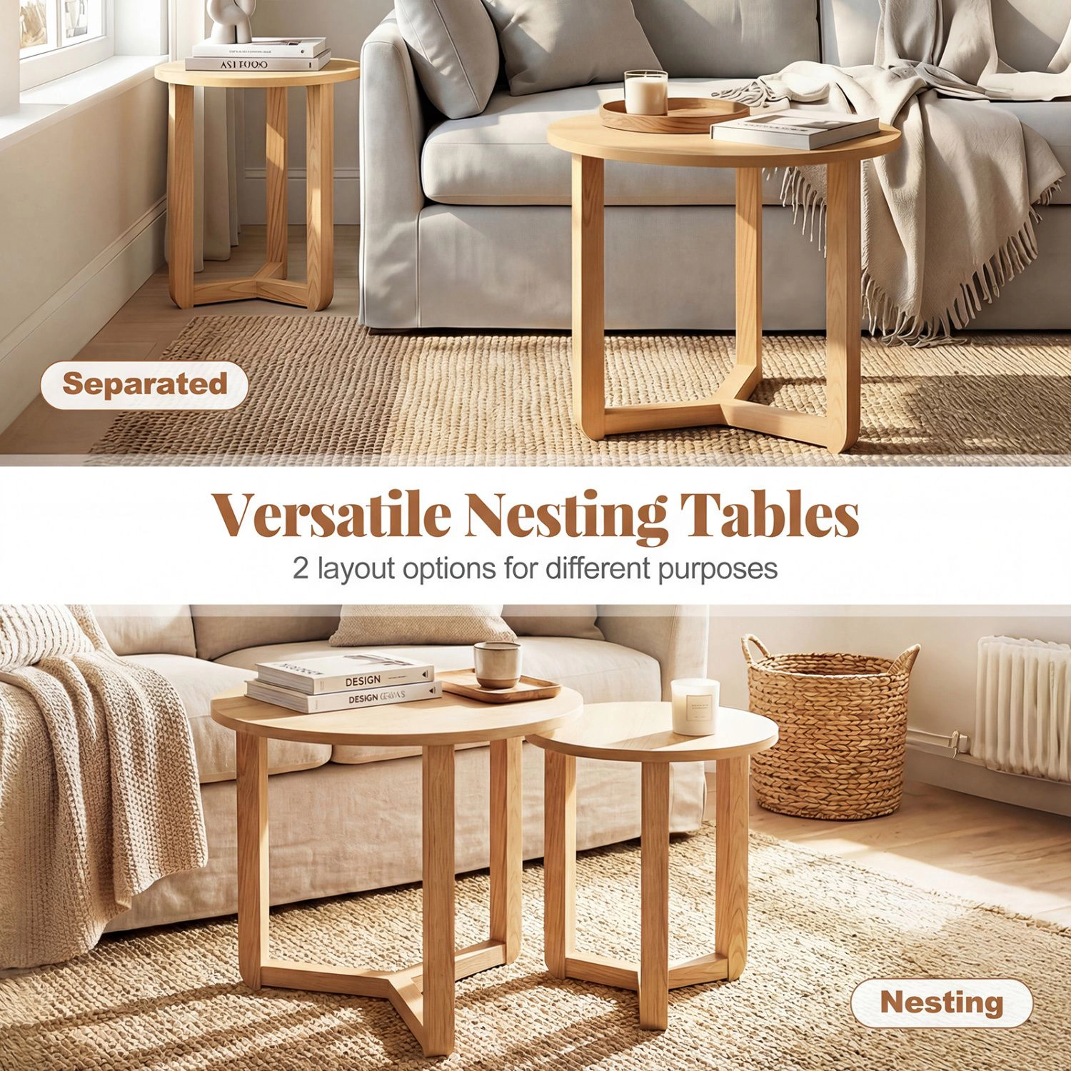 SlickBlue Set of 2 Round Nesting End Tables with Solid Wood Tripod Frame