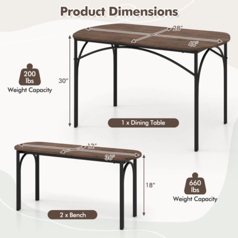 Hivvago 3-Piece Dining Table Set For 4 With Metal Frame-Brown