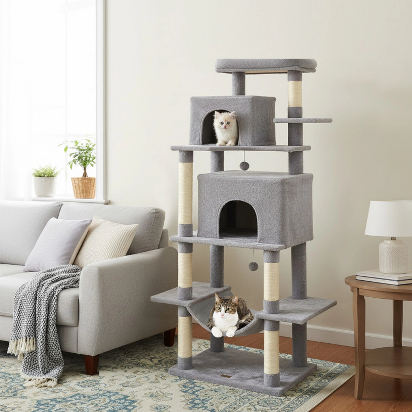 SUGIFT 70-in Light Gray Tall Cat Tree for Large Indoor Cats with 2 Condos Hammock and Anti-Tip Kit