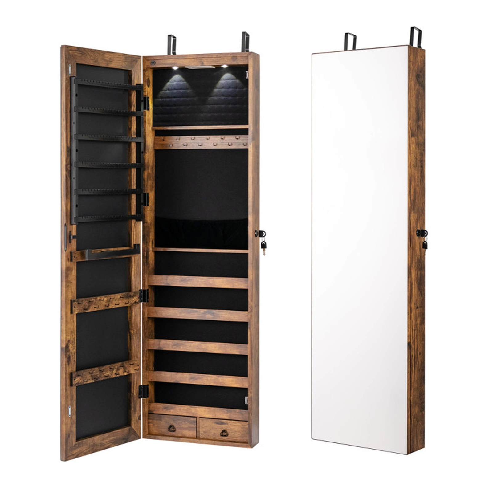 SUGIFT Wall Door Mounted Full-Length Mirror 2 LED Lights Jewelry Cabinet Armoire 14-in x 4-in x 54.5-in Rustic Brown