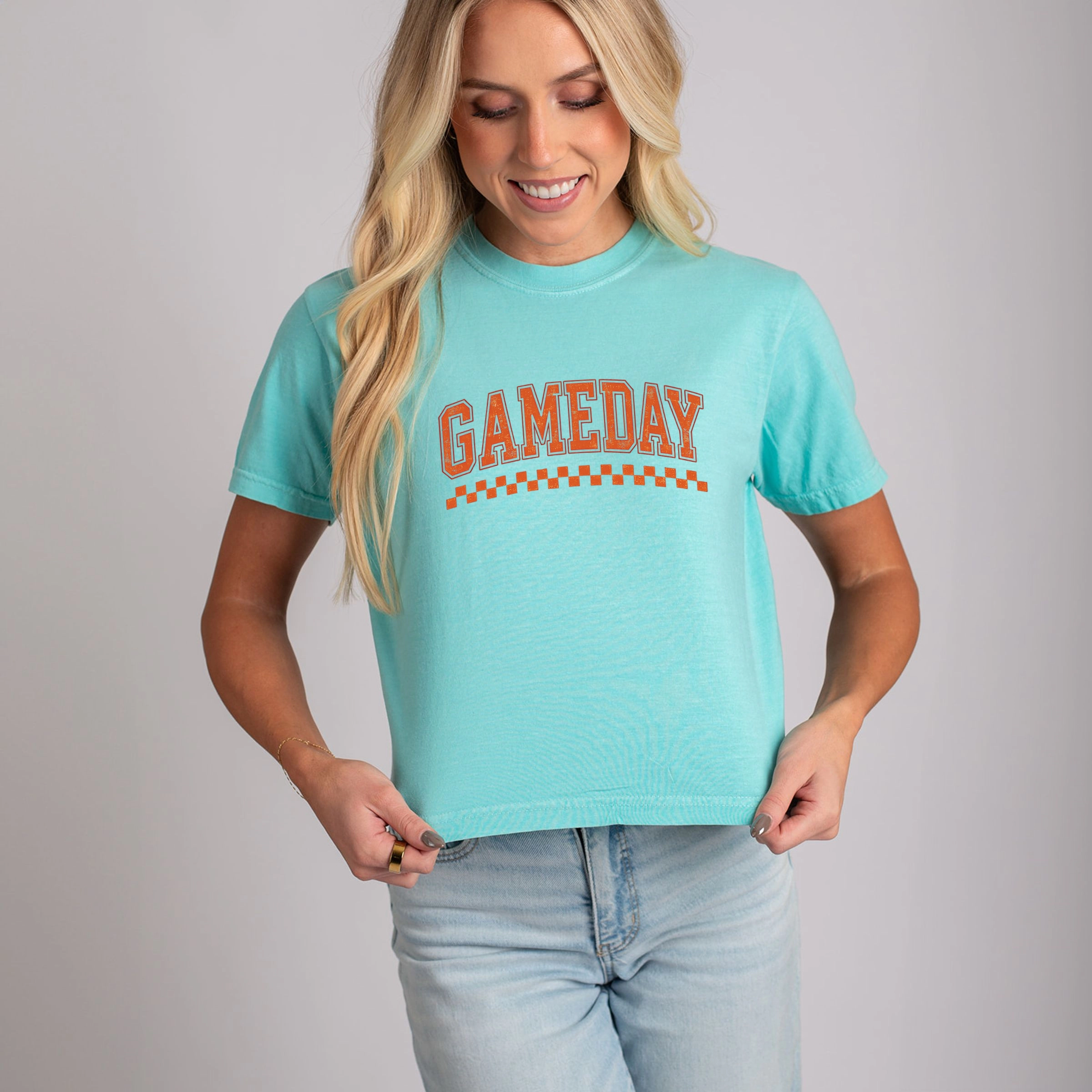 Simply Sage Market - Women's Boxy Crop Top Graphic T-Shirt Gameday Varsity Checkers