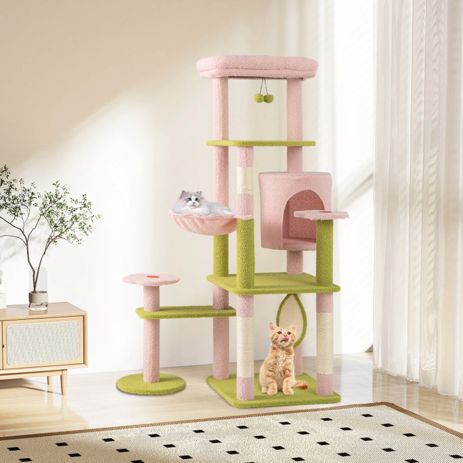 SUGIFT Pink 58 in Multi-Level Floral Cat Tower with Leaf Scratcher and Hammock