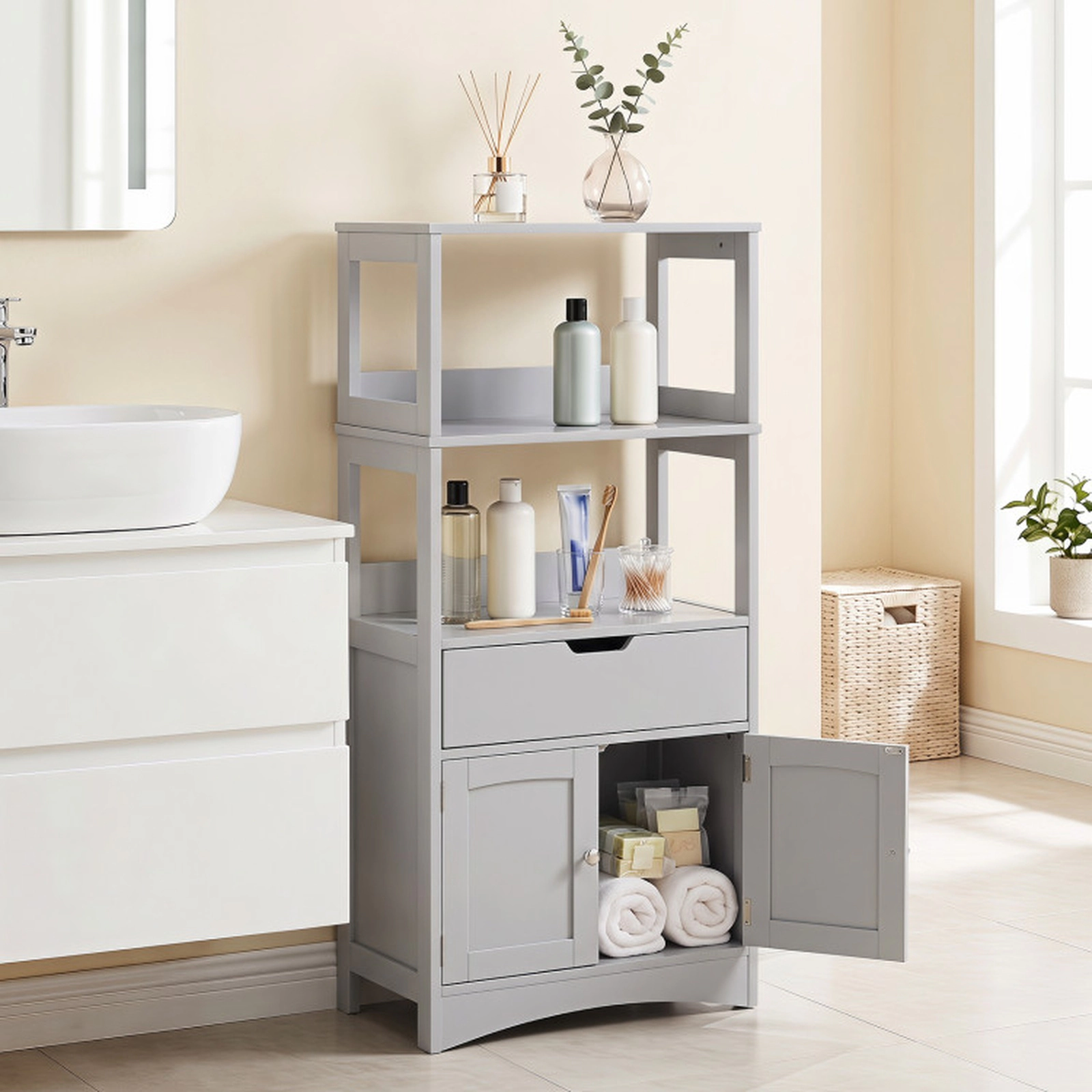 SUGIFT Bathroom Storage Cabinet with Open Shelves Drawer and Doors 110-lb Capacity Engineered Wood Black Gray White