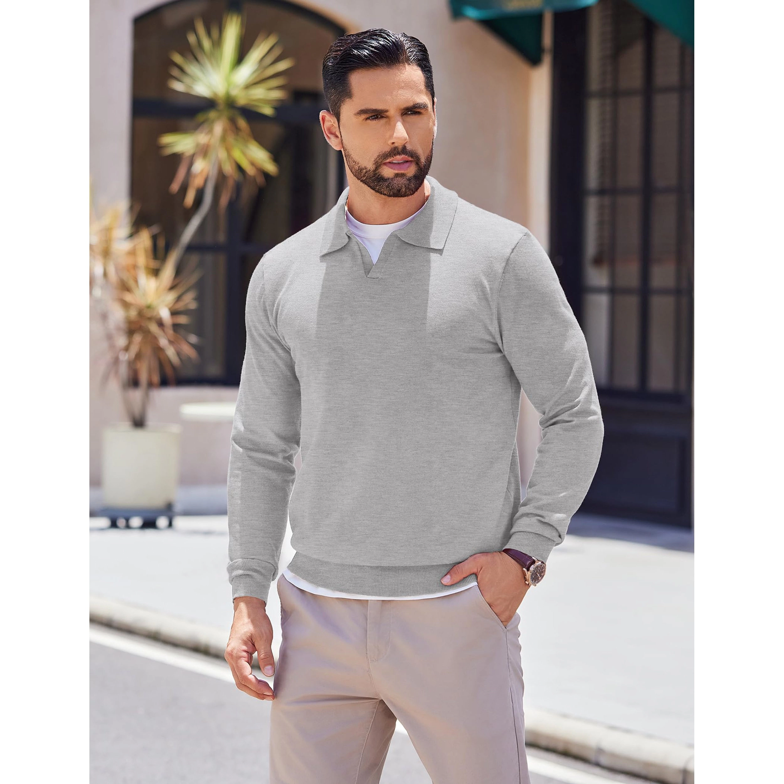 COOFANDY Long Sleeve Polo Sweater Fall V Neck Collared Casual Pullover Tops