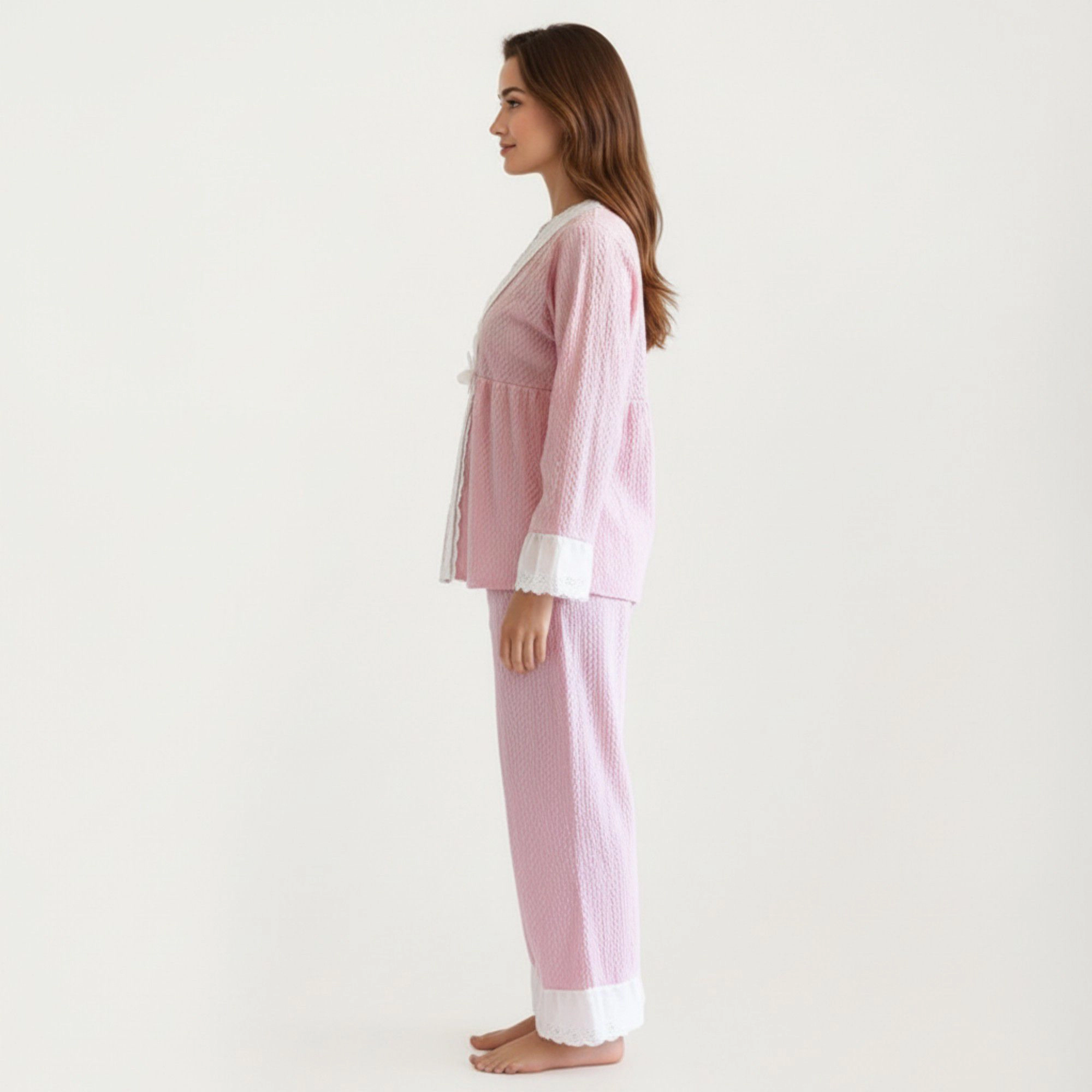 Anna-Kaci Women's 2-Piece Long Sleeve Pajama Top with Lace Trim and Matching Relaxed Fit Pants
