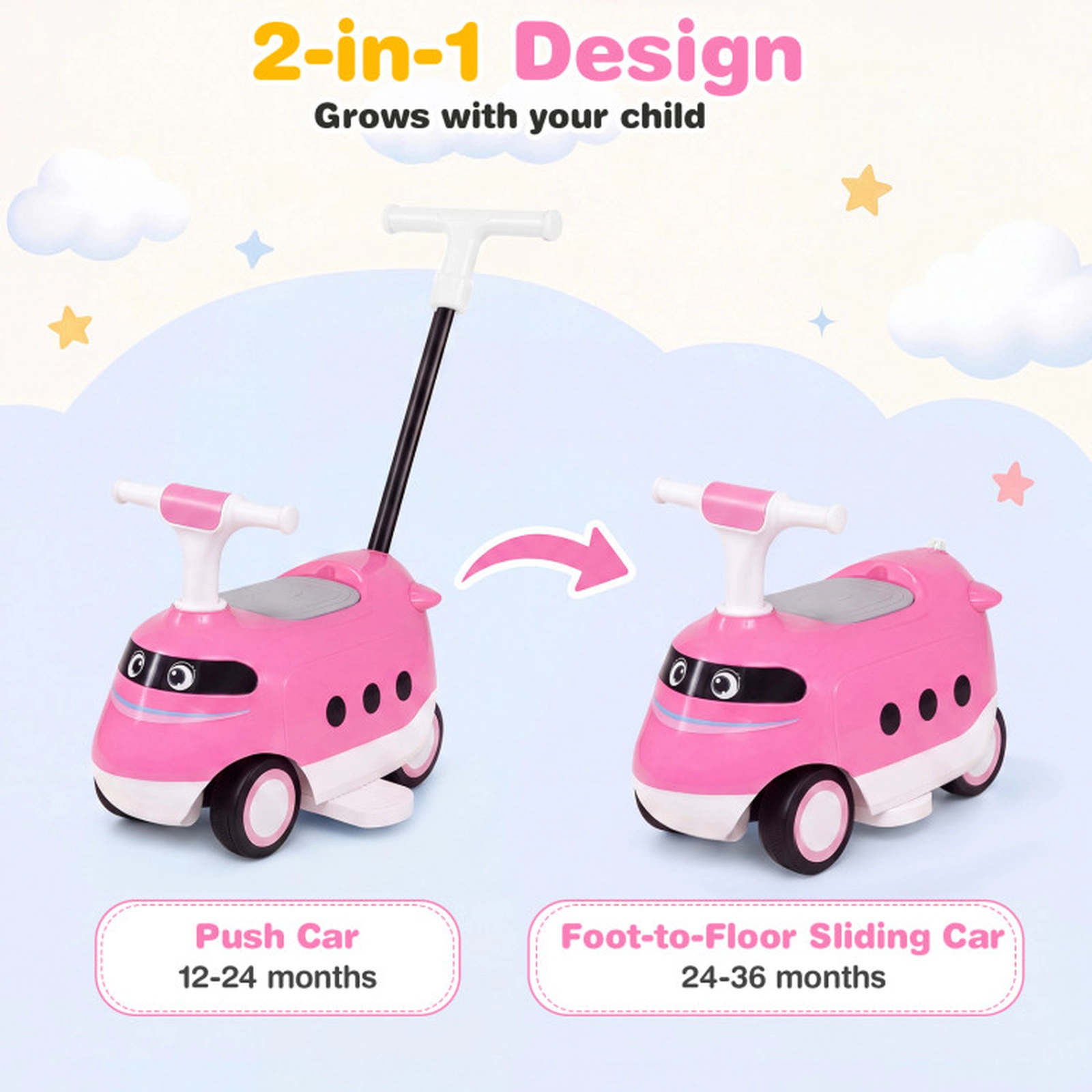 SUGIFT Kids Push 2-in-1 Ride-On Car with Detachable Parent Handle and Horn Pink