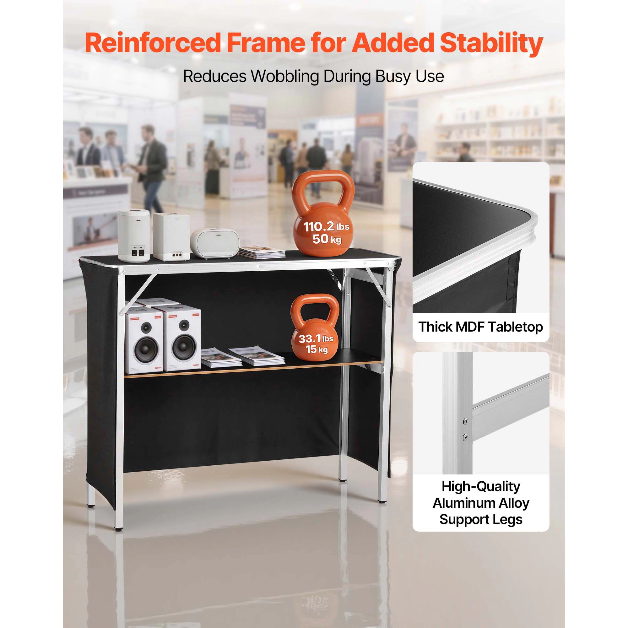 HONGGE 43.3-In Folding Portable Bar Table with Storage Shelf & Detachable Skirt