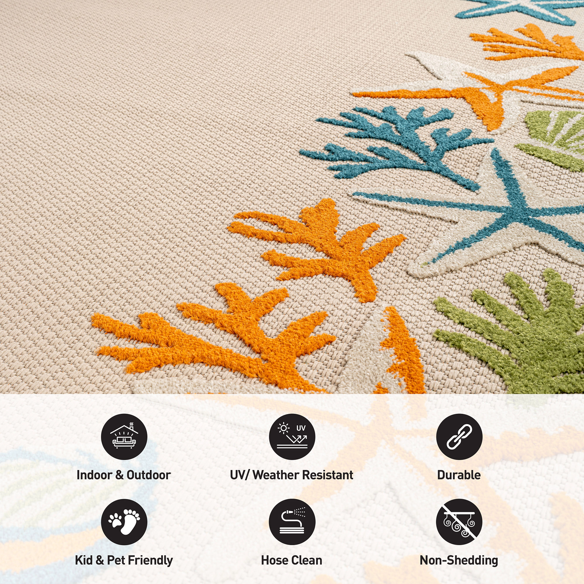 World Rug Gallery Indoor/Outdoor High-Low Textured Area Rug, Coastal Border Ivory/Multi, Easy-Clean Patio