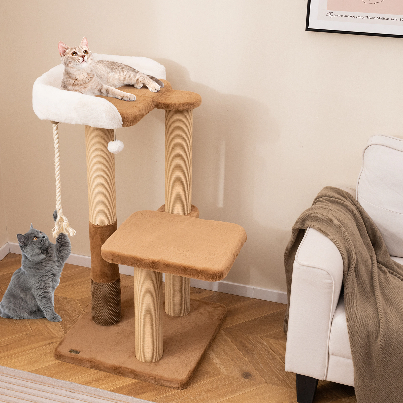 Glintex 44-Inch Cat Tree with 4.5-Inch Thick Posts Self-Groomer and Raised-Edge Perch, Brown