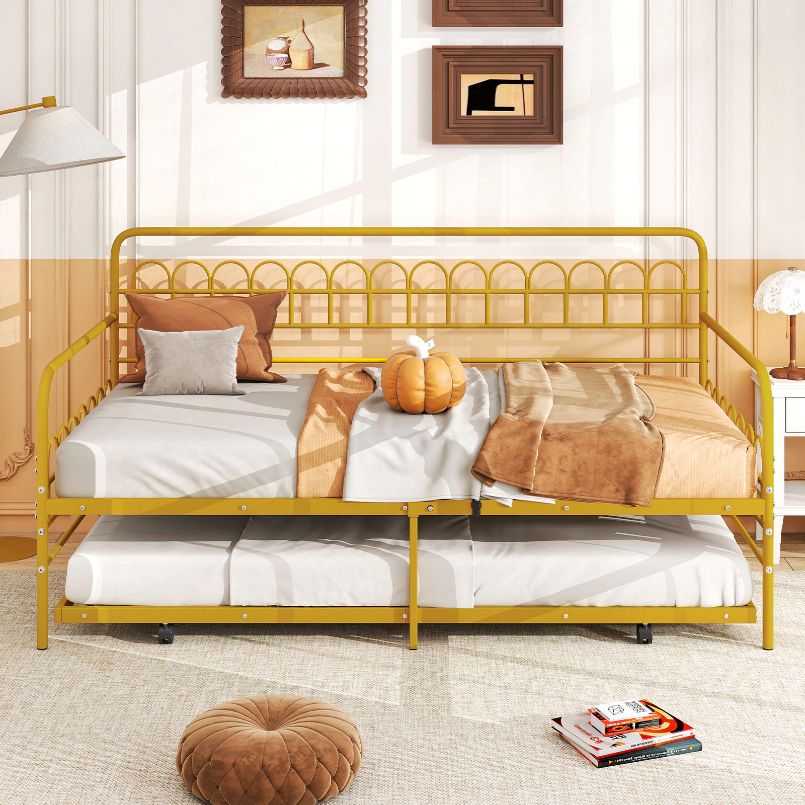 Twin Size Metal Daybed with Trundle Gold Sofa Bed Frame with Curved Backrest Armrests 26 Steel Slats