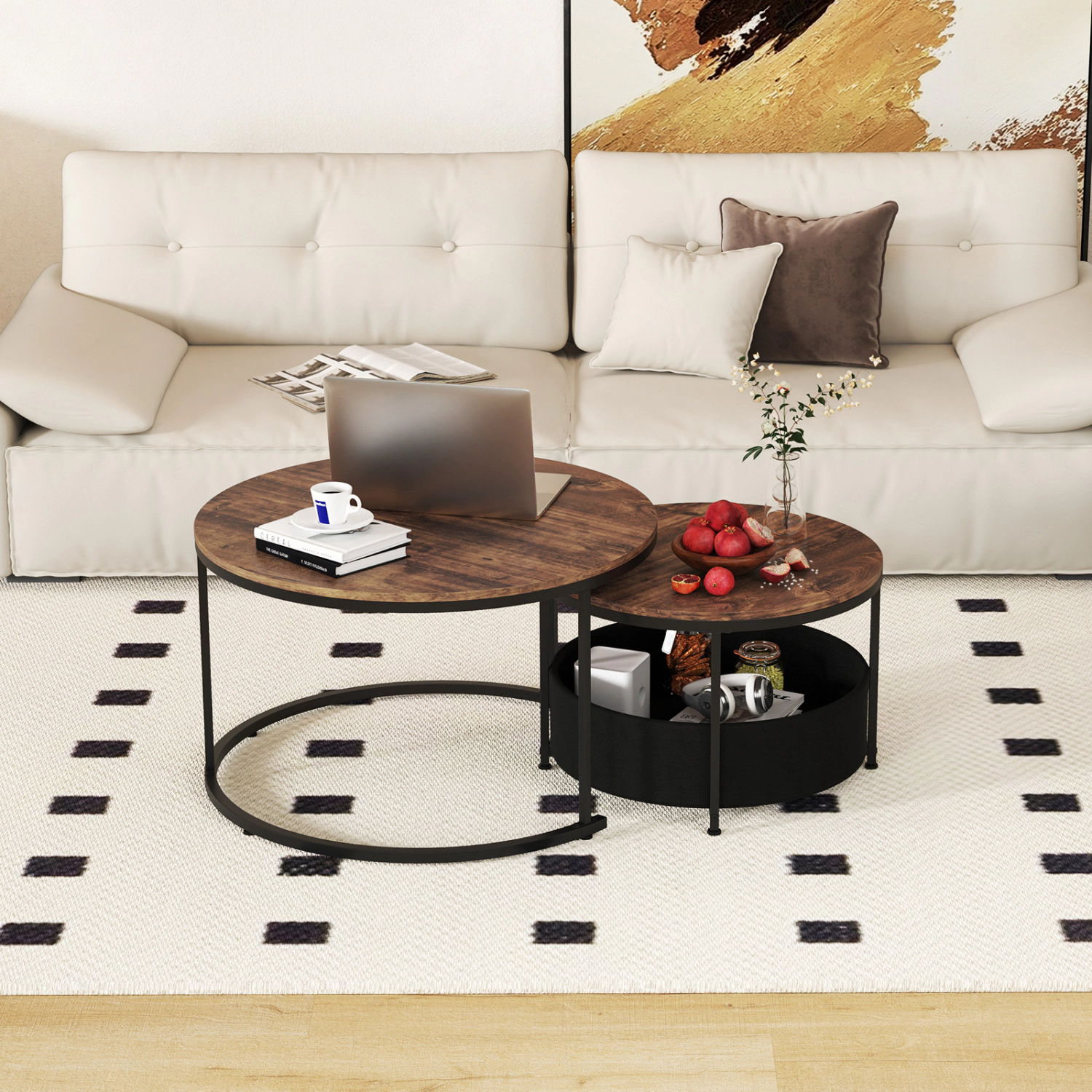 LJG Round Coffee Table Set of 2 Circle Cocktail with Storage Basket