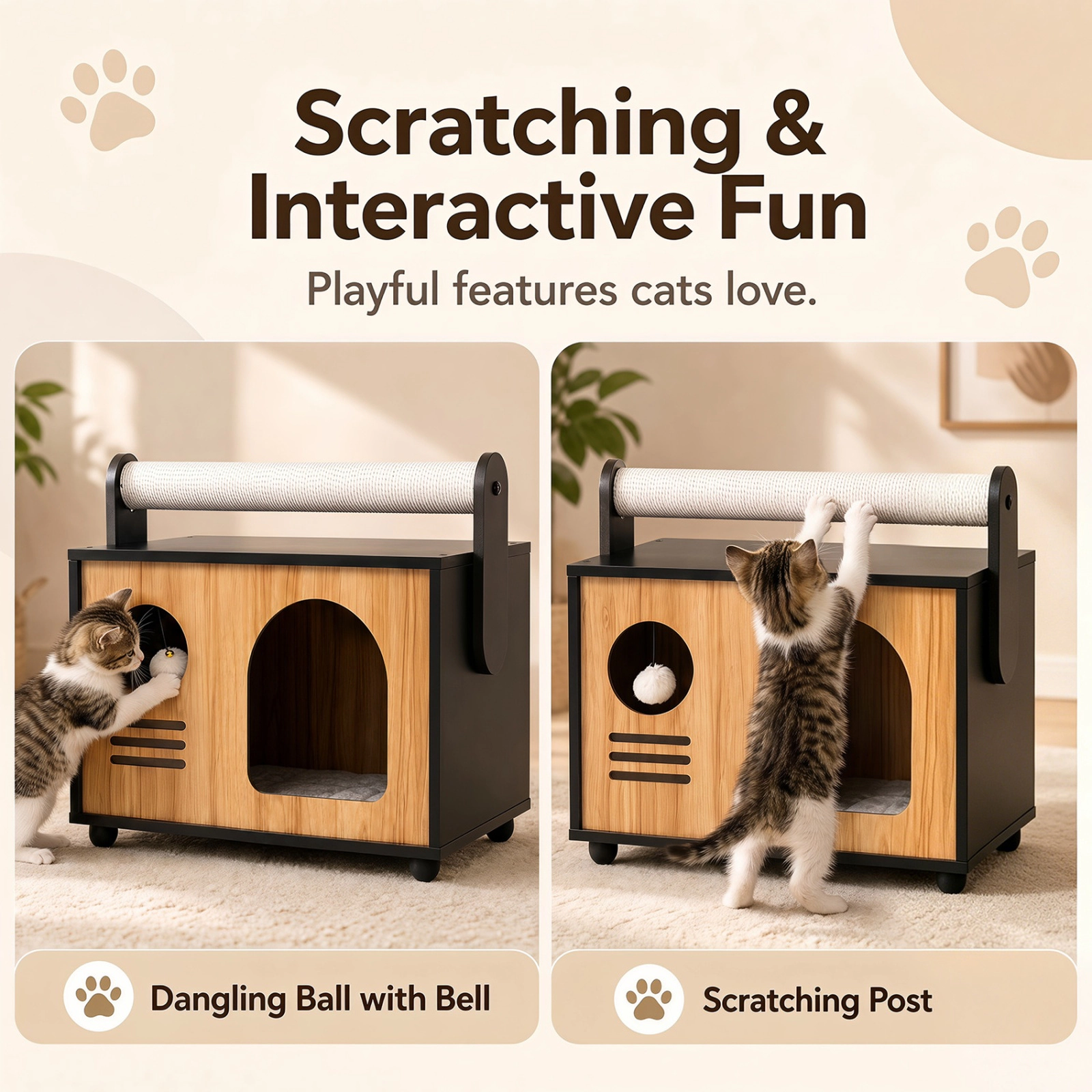SUGIFT Black Wooden Cat House with Rope Scratching Post and Washable Cushion 19-in W 12-in D 17.5-in H