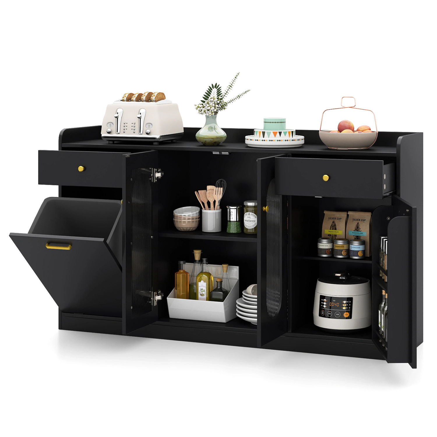 Glintex 55-Inch Buffet Cabinet with Hidden Trash Bin and Fluted Glass Doors
