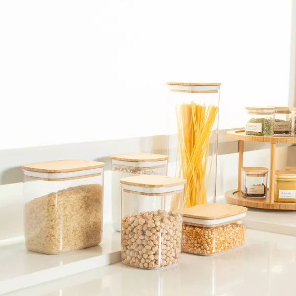 OU Airtight Food Storage Container Set 8pc, Clear Plastic Container w/ Leak Proof Bamboo Lid, Stackable Pantry Organizer