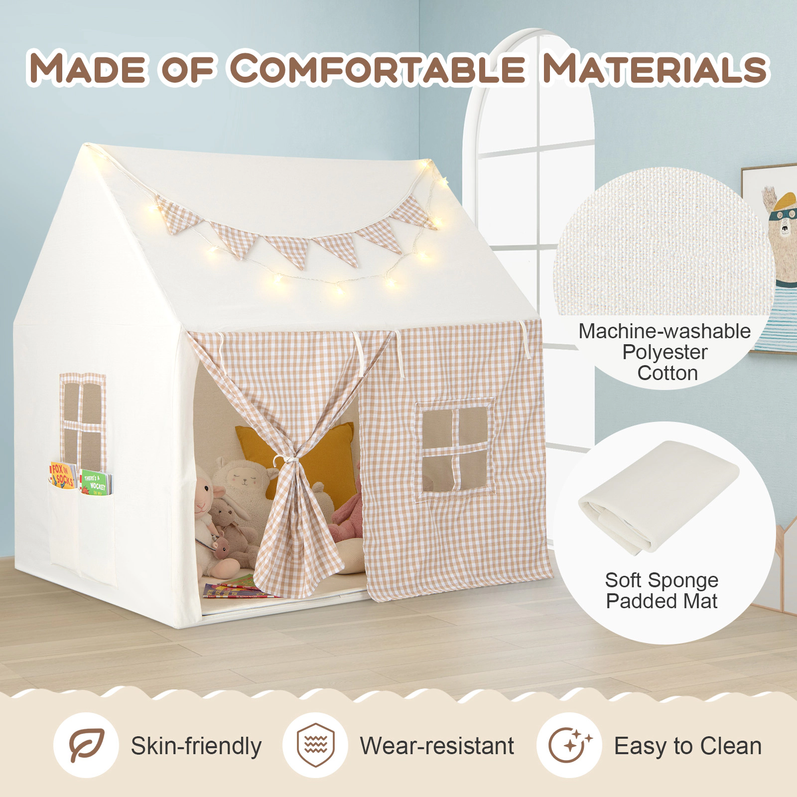 SUGIFT Beige Padded Mat and 2 Breathable Windows Large Kids Play Tent Playhouse