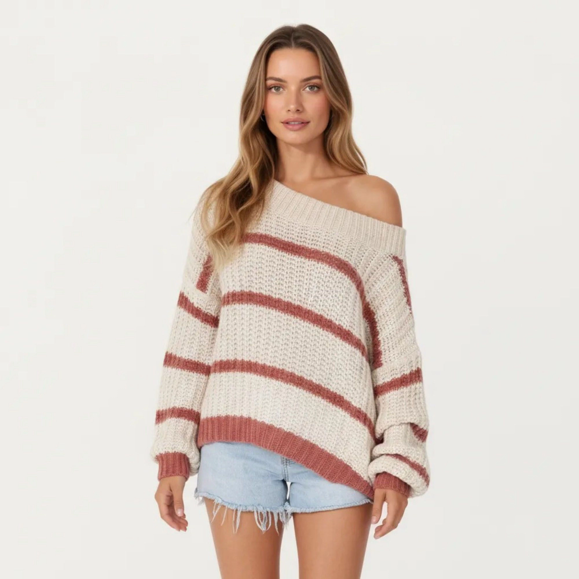 Anna-Kaci Women's Off Shoulder Striped Knit Sweater Top with Ribbed Boat Neckline Long Sleeves Relaxed Oversized Fit