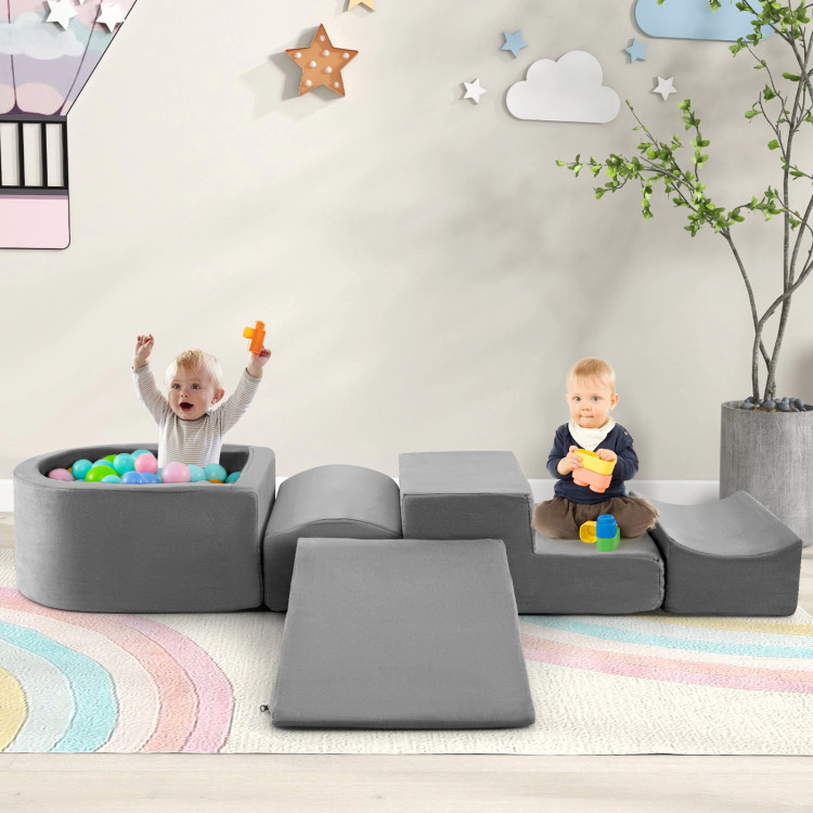 SUGIFT 5-Piece Climb and Crawl Playset with Ball Pit 24-in Ball Pit Ages 3+ Gray/Pink/Multicolor