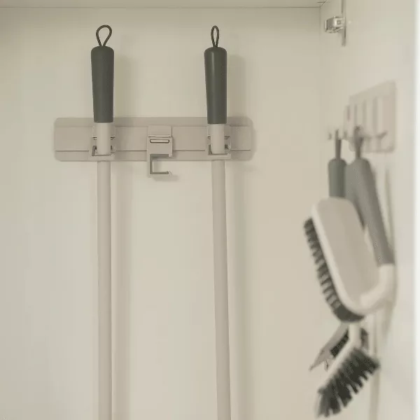 OU Wall Mounted Broom & Mop Holder, Self Adhesive w/ 3 Adjustable Anti slip Silicone Grip Hooks, for Laundry & Kitchen