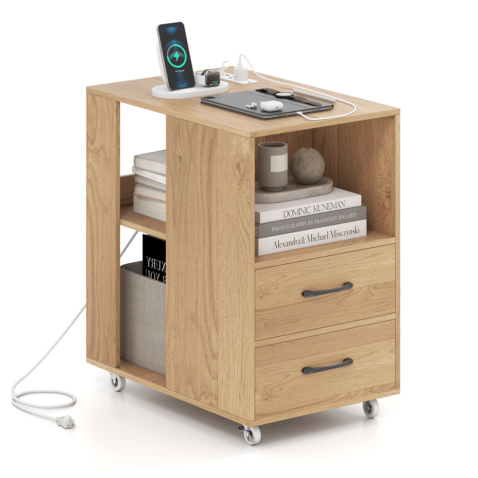 SUGIFT End Table with Built-in Charging Station Sofa Side Bedside Table on Wheels Natural/White