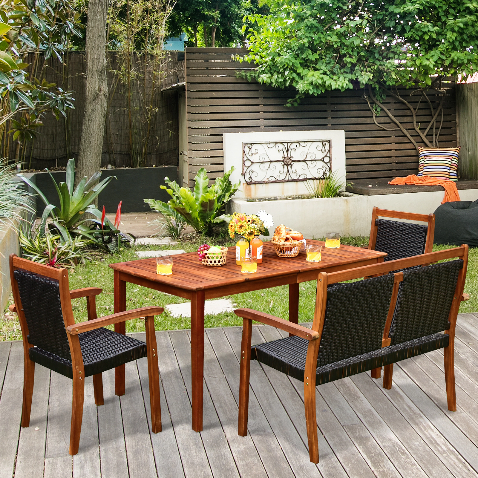 SUGIFT Loveseat and 2 Chairs 4-Piece Acacia Wood and Rattan Patio Dining Set
