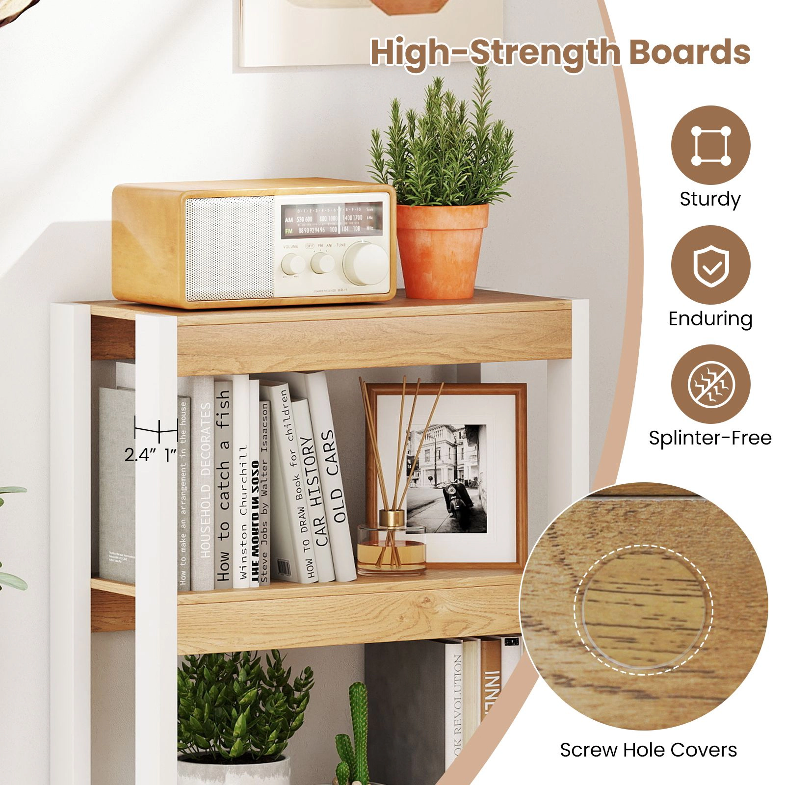 SlickBlue 4 Tier Bookshelf with Wooden Shelves and Anti-Tip Safety Kits