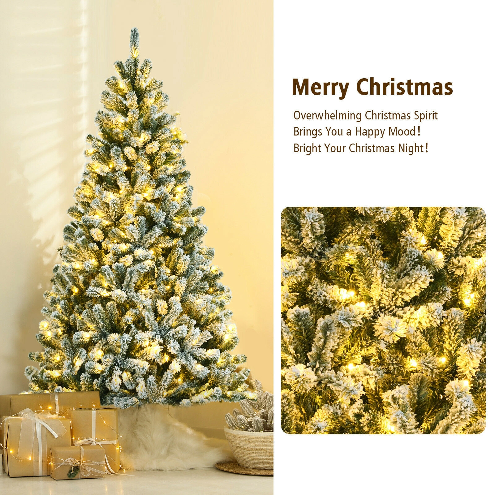 SUGIFT 6 ft Pre-Lit Snow Flocked Christmas Tree with 450 Branch Tips and 250 Warm LED Lights