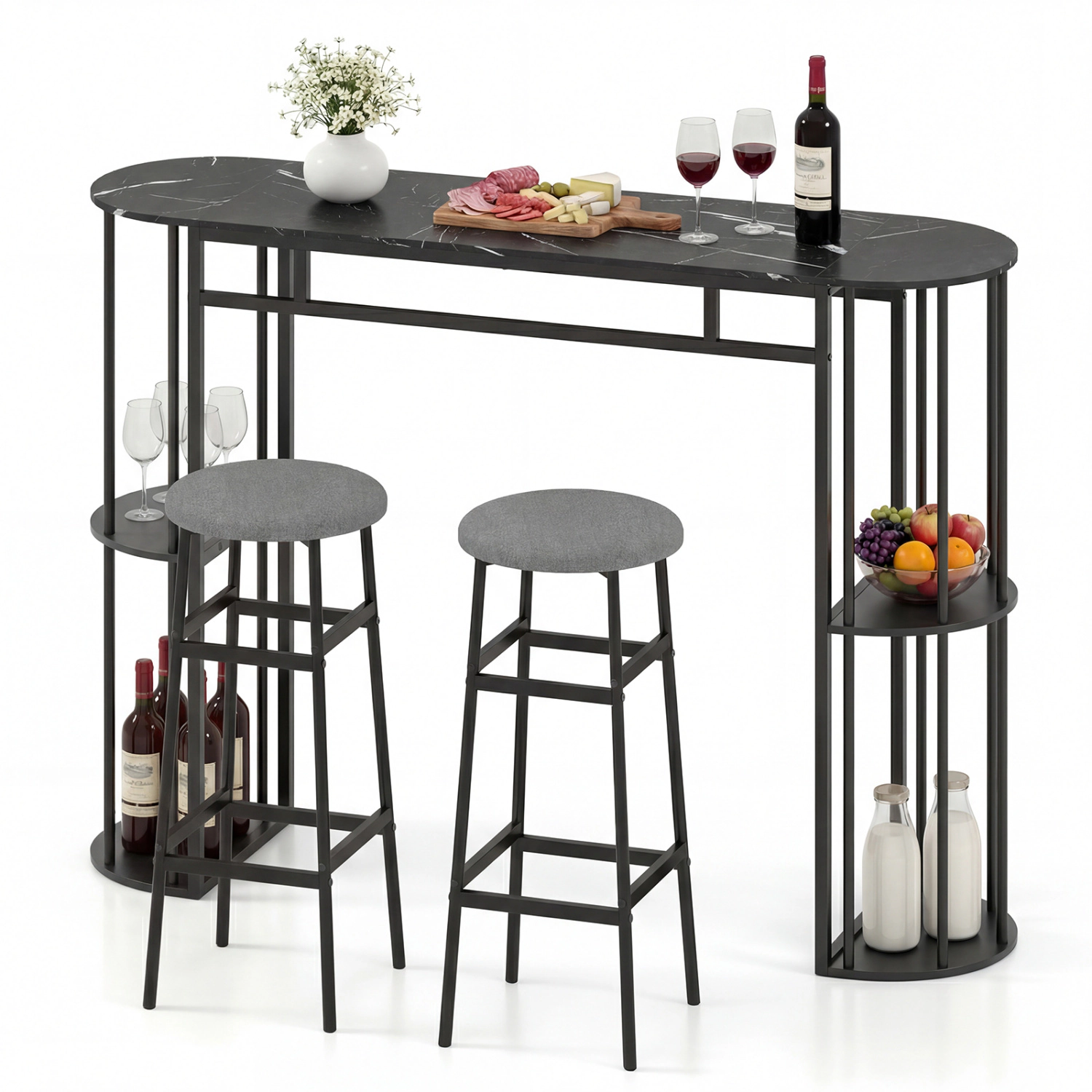 LJG 60 Inch Dining Table and 2 Upholstered Barstools with Faux Marble Tabletop