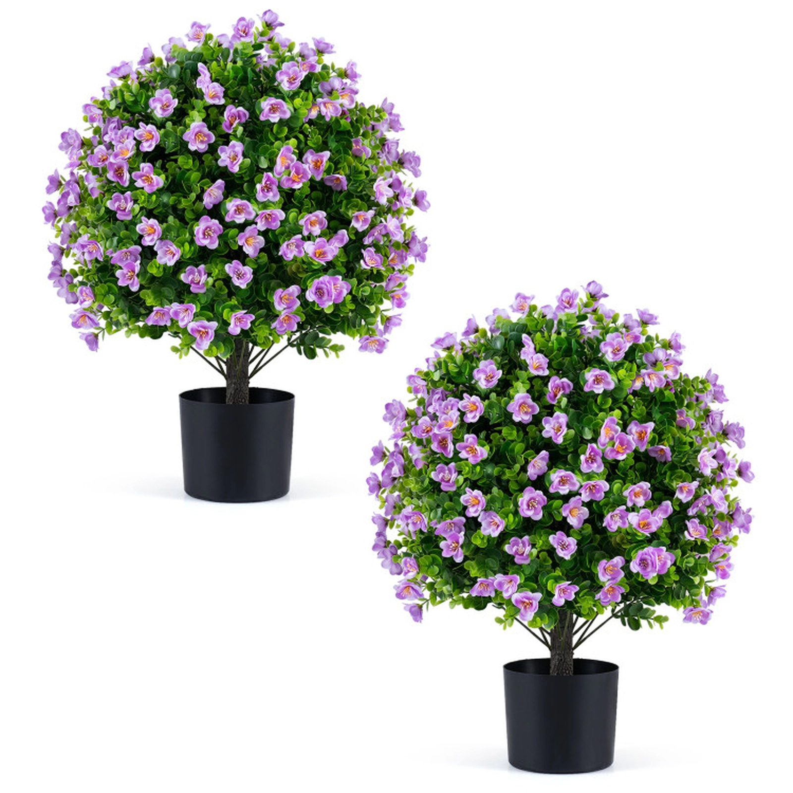 SUGIFT Set of 2 23-in Artificial Eucalyptus Topiary Ball Trees with Purple Flowers and Cement Planters