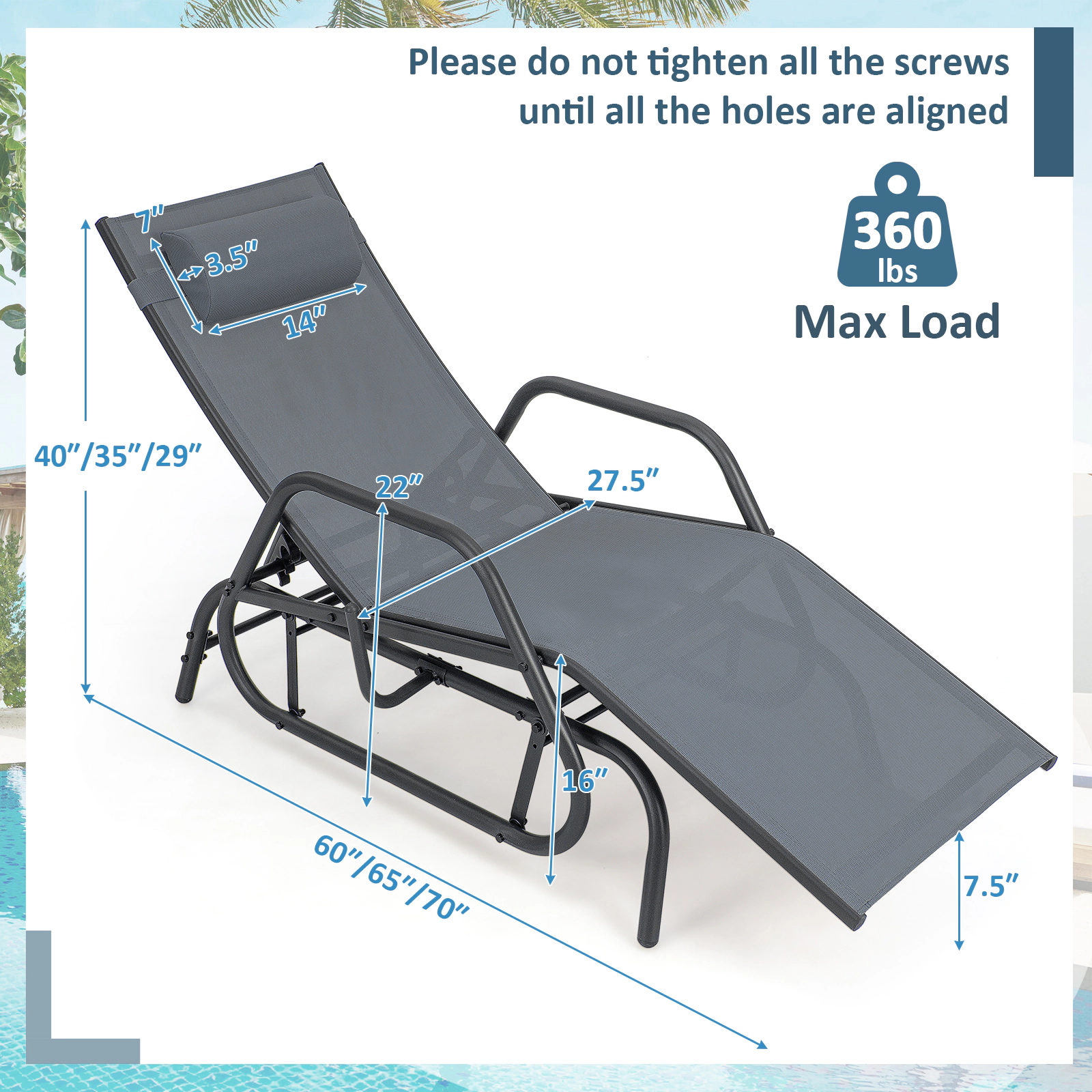 SUGIFT Armrests and Adjustable Pillow 350-lb Outdoor Glider Chaise Lounge Chair
