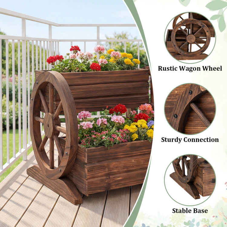 Hivvago 2-Tier Raised Garden Bed Rustic Wood Wagon Shape with Drainage Holes and Wheels