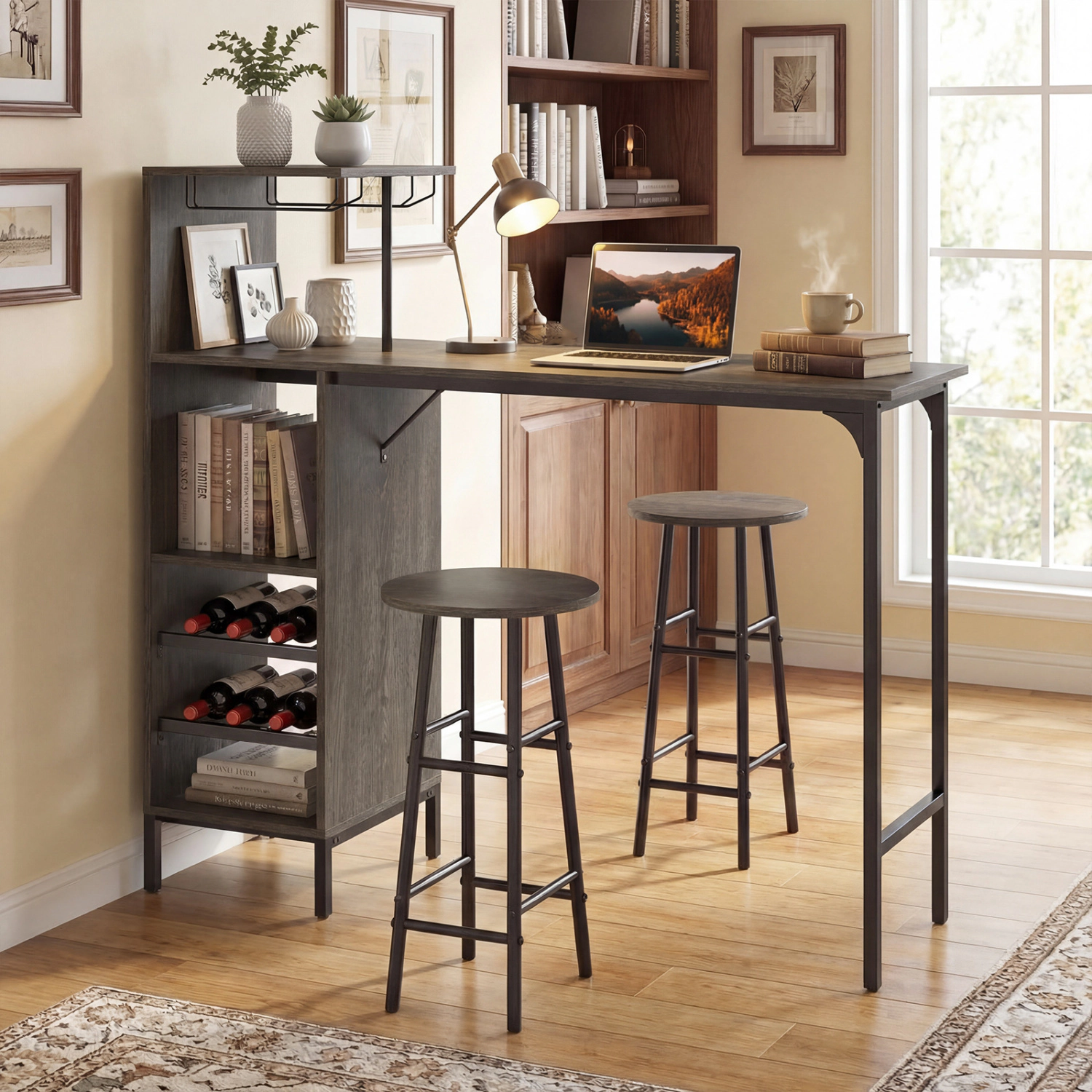 LJG 3 Piece Bar Table and Chairs Set with 6-Bottle Wine Rack