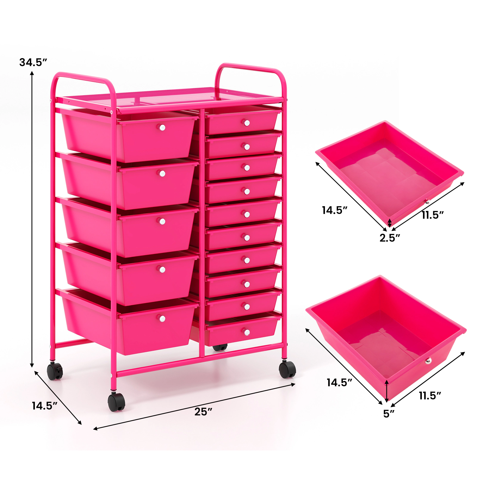 SUGIFT 15-Drawer Rolling Utility Organizer Cart with Removable Plastic Drawers 22-lb Top Capacity Pink