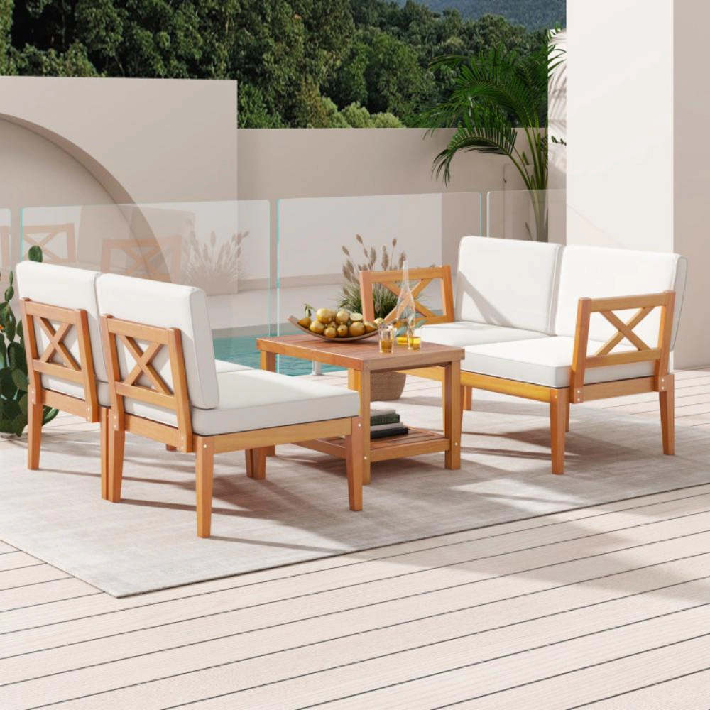 Hivvago 5 Pieces Acacia Wood Patio Furniture Set Outdoor Sectional Conversation Set With Cushions-Off White