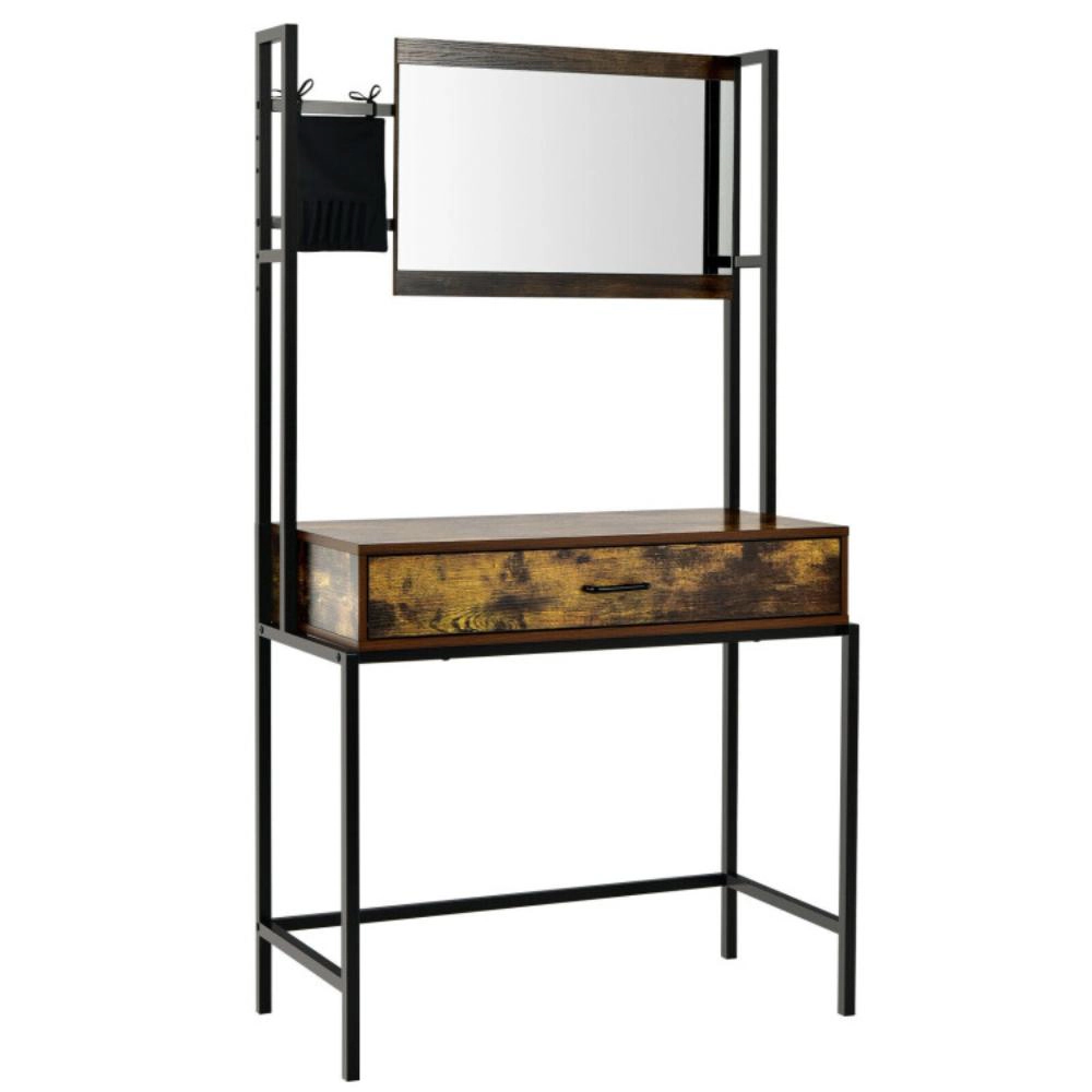 Hivvago Industrial Vanity Table With 3-Height Adjustable Mirror Bag-Brown