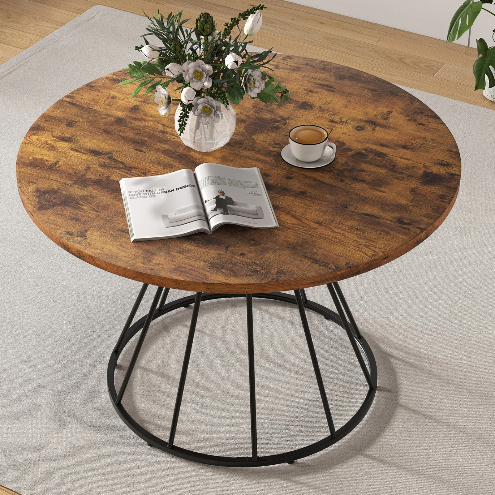 SUGIFT 47-Inch Brown Round Farmhouse Dining Table, Wooden Top, Curved Metal Base, Seats 4 to 6