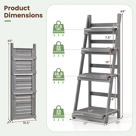 SUGIFT 4-Tier Gray Foldable Fir Wood Plant Stand, Ladder-Style Shelves ...