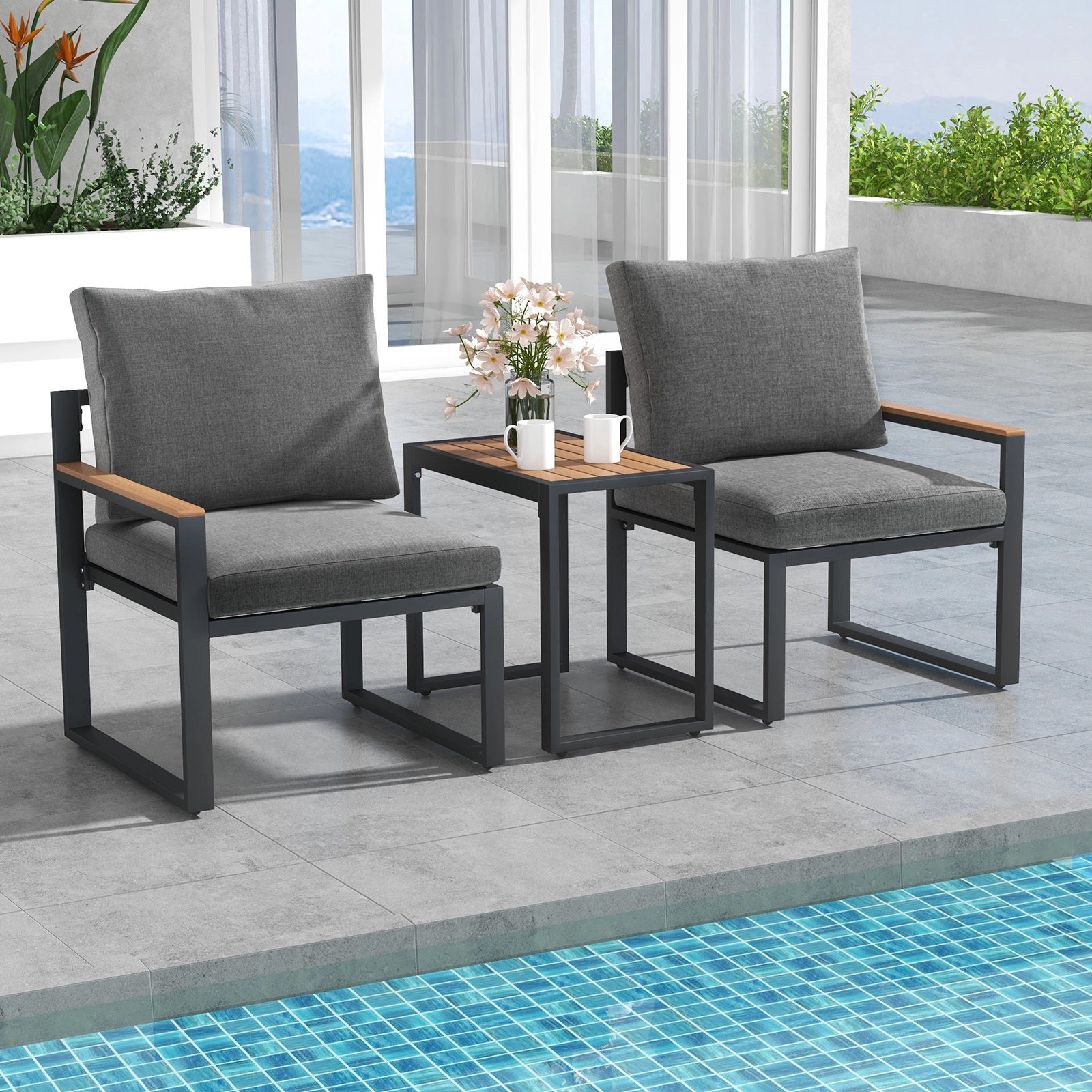 Hivvago 3 Pieces Aluminum Frame Weatherproof Outdoor Conversation Set With Soft Cushions