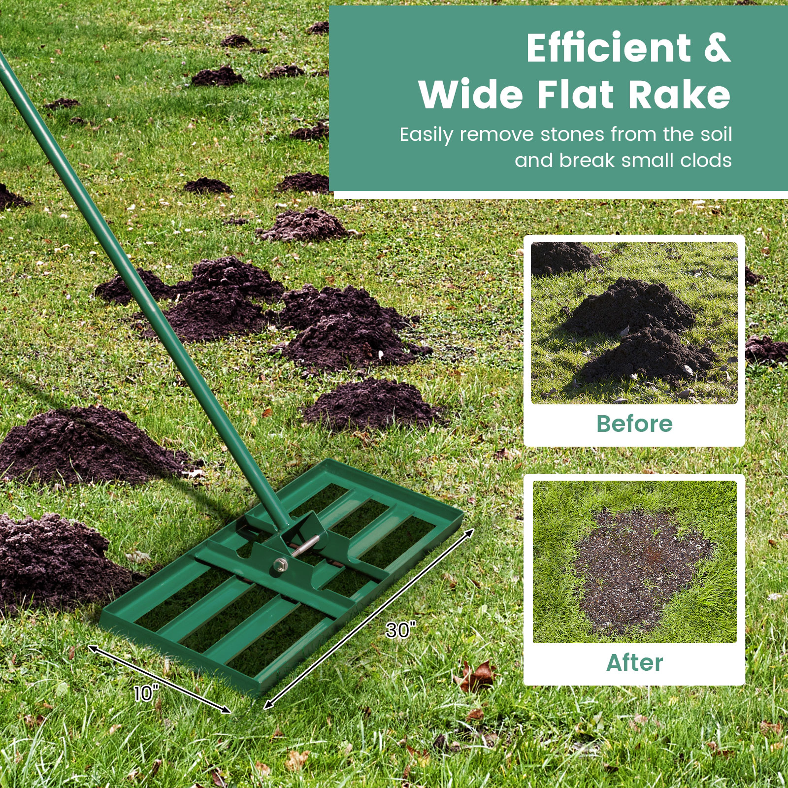 SUGIFT 30 x 10 Lawn Leveling Rake with 67 Handle for Small Lawns