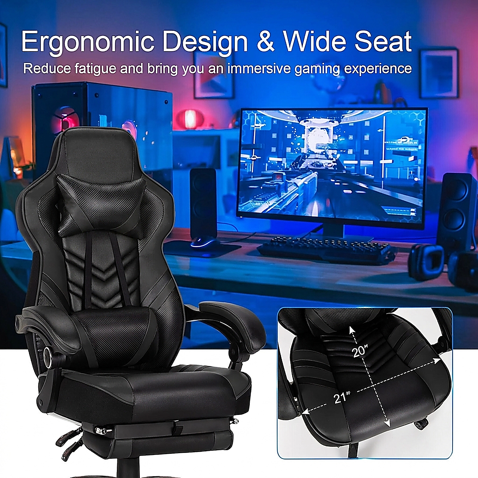 SUGIFT Black Ergonomic Reclining Gaming Chair with Retractable Footrest
